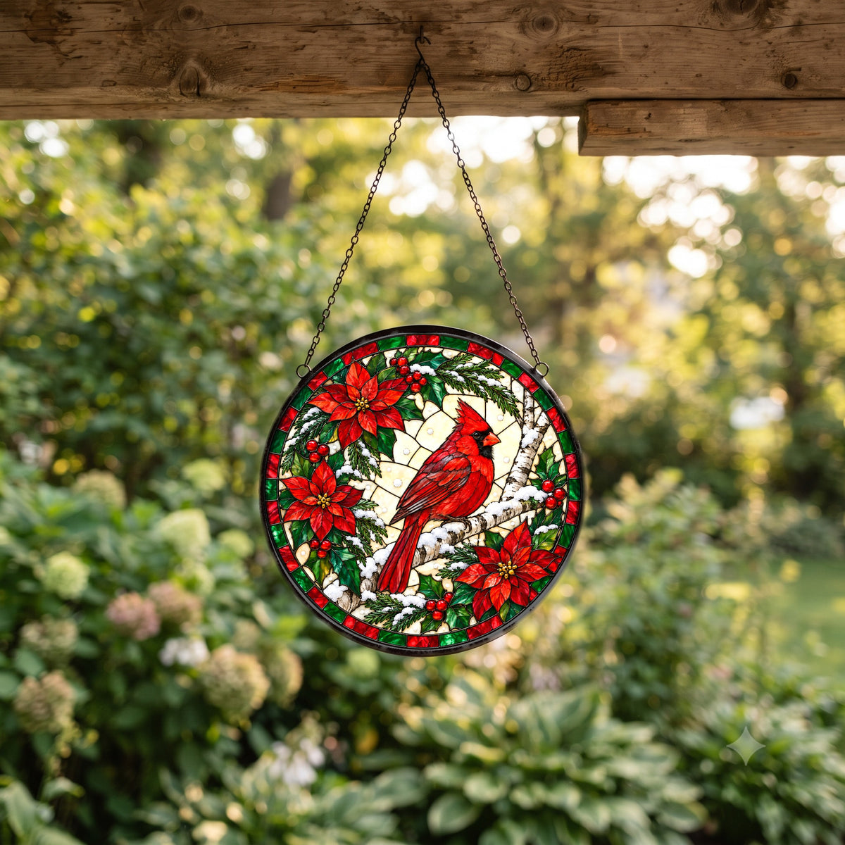 Winter Cardinal on Birch Suncatcher, Glass Christmas Holiday Ornament