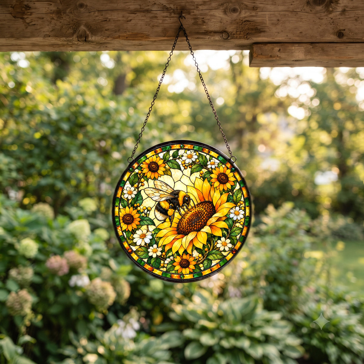 Sunflower Bumblebee Stained Glass Suncatcher Window Hanging Ornament