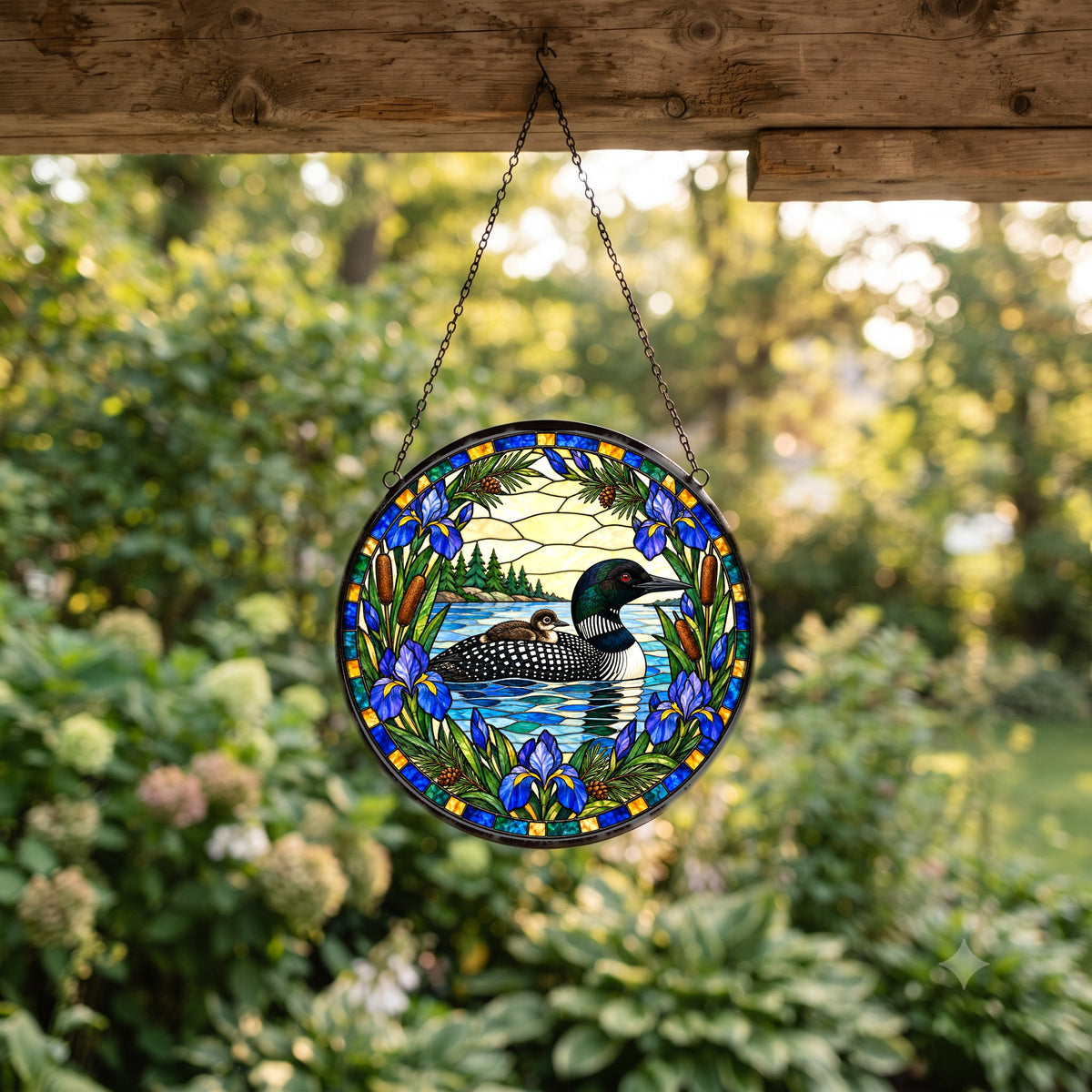 Northwoods Loon and Chick Suncatcher Hanging Glass Window Ornament