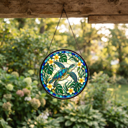 Sunlit Sea Turtle Stained Glass Suncatcher Window Hanging Ornament