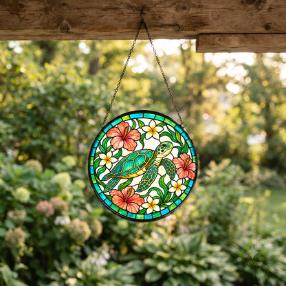 Gliding Sea Turtle Stained Glass Style Suncatcher Window Hanging