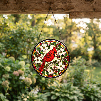 Crimson Cardinal Glass Suncatcher Window Hanging Ornament