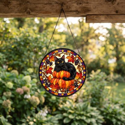 Midnight Cat and Pumpkin Suncatcher Ornament for Autumn Decor