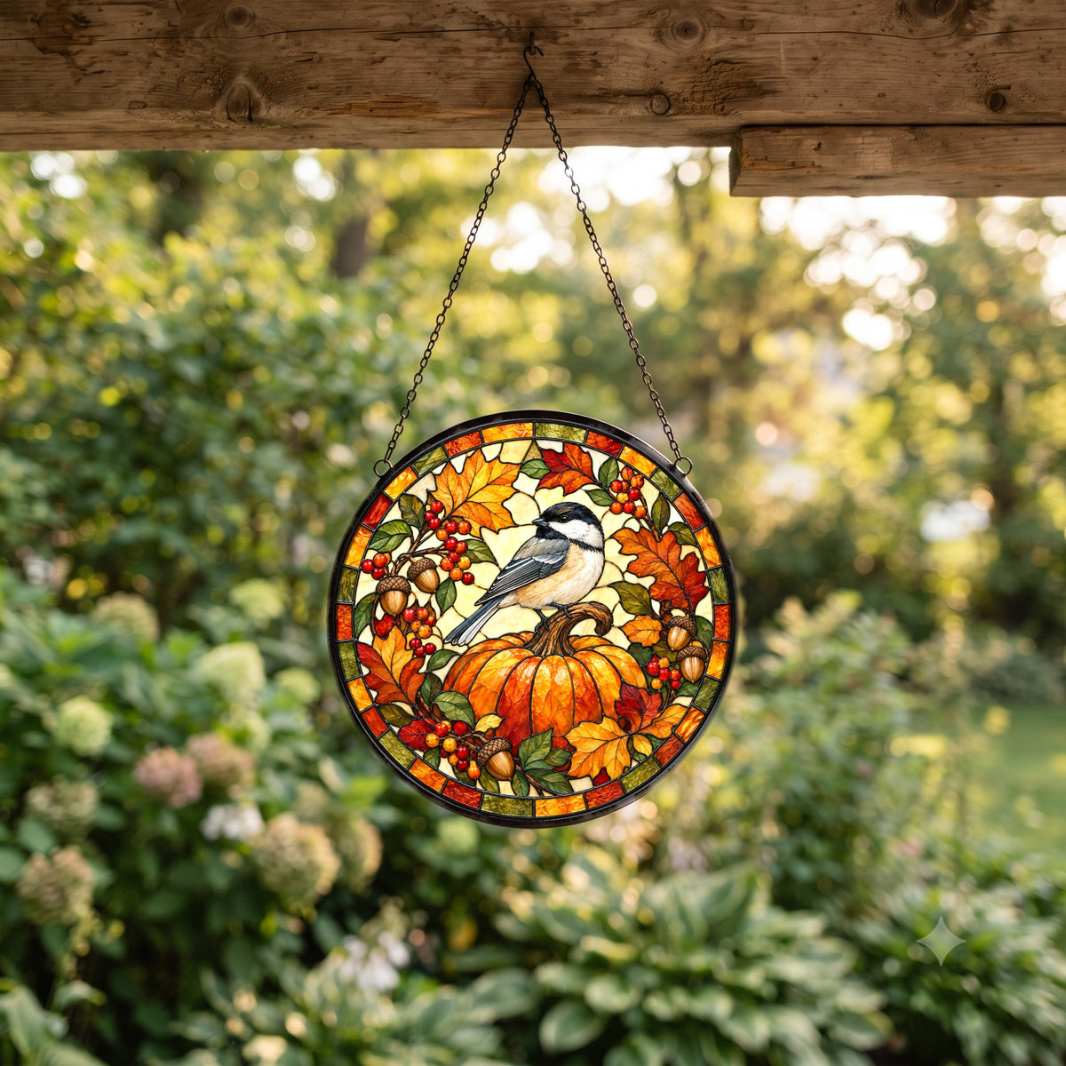 Autumn Chickadee Harvest Pumpkin Glass Suncatcher Window Hanging