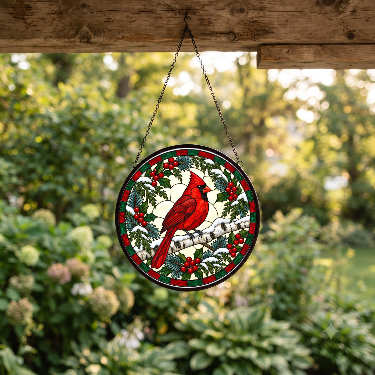 Winter Birch Cardinal Suncatcher, Hanging Glass Bird Ornament
