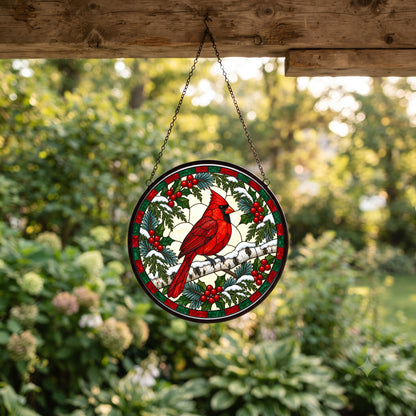 Winter Birch Cardinal Suncatcher, Hanging Glass Bird Ornament