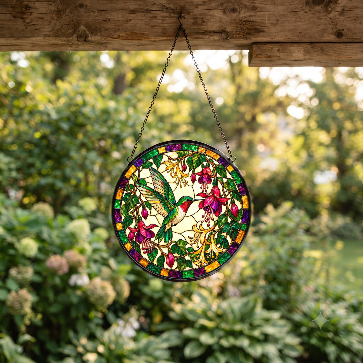Ruby Hummingbird Fuchsia Bloom Glass Suncatcher Window Ornament