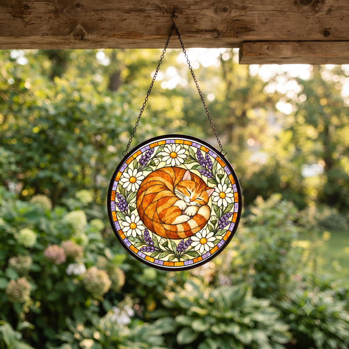 Sunlit Nap Sleeping Tabby Suncatcher, Hanging Glass Window Ornament