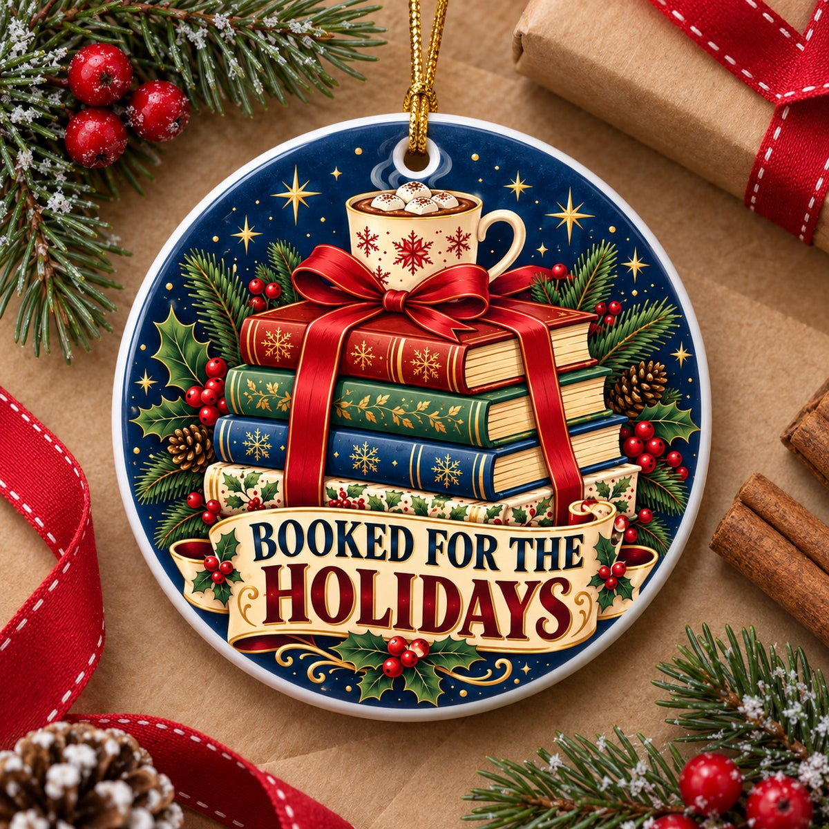 Booked for the Holidays Ceramic Ornament for Book Lovers