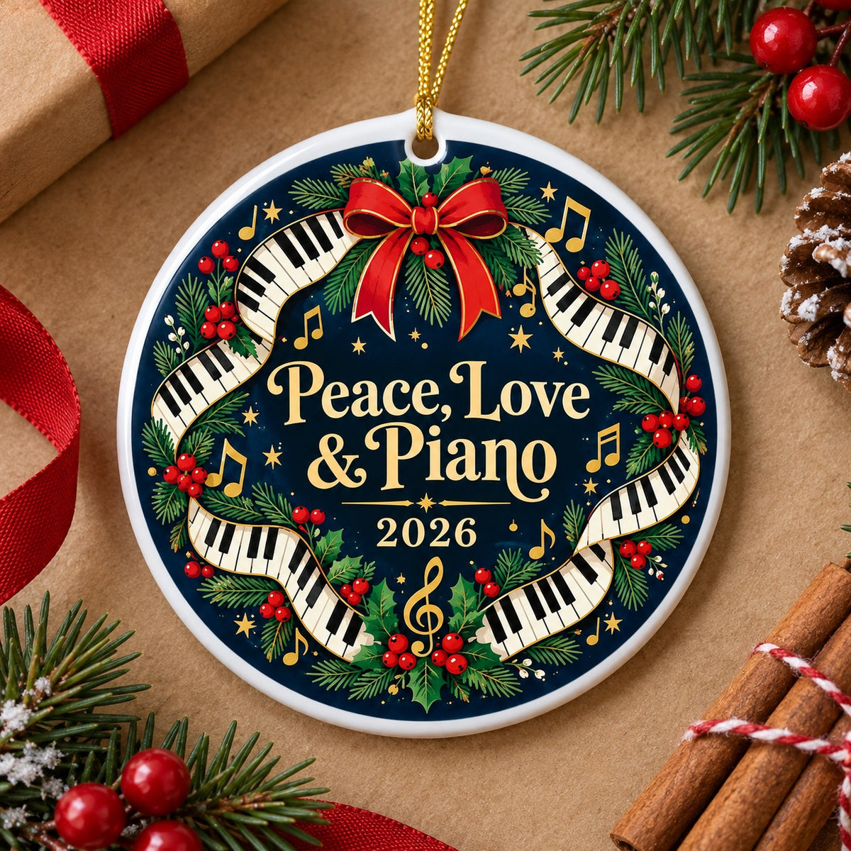 Folk Art Piano Keys Holiday Wreath Ceramic Christmas Ornament