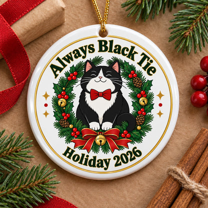 Black Tie Tuxedo Cat Wreath Ceramic Christmas Tree Ornament