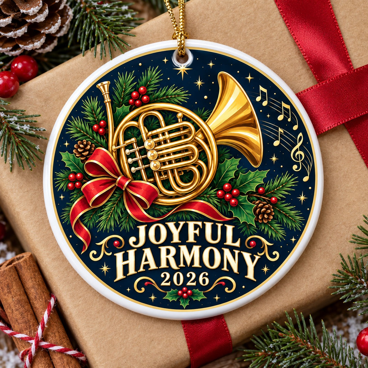Joyful Harmony French Horn Music Lover Christmas Ceramic Ornament