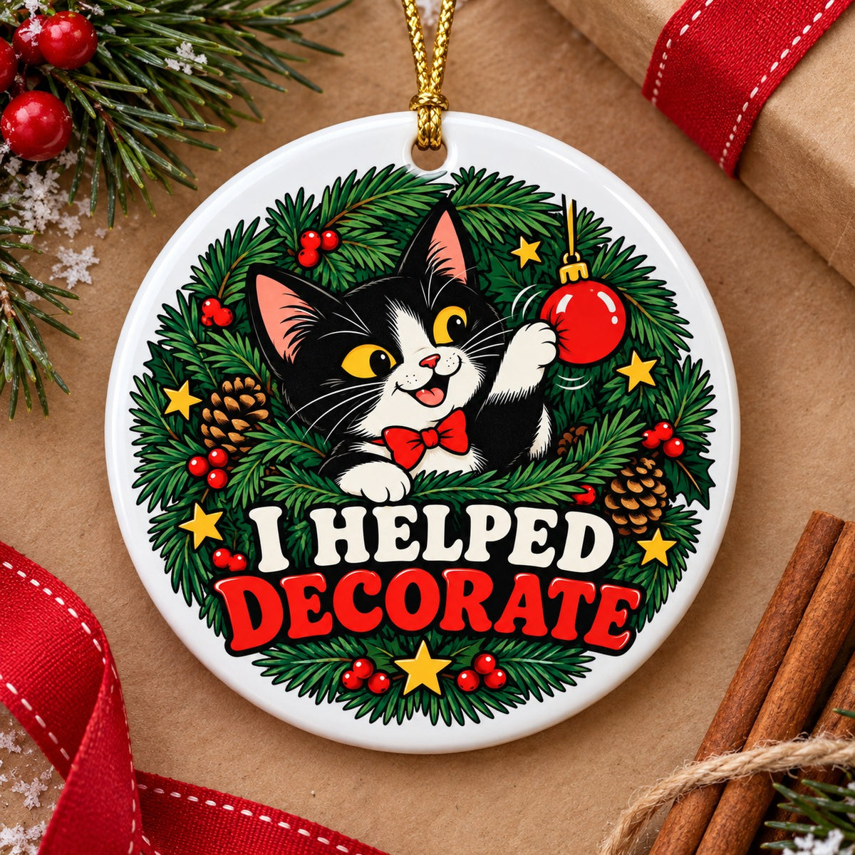 Tuxedo Cat Christmas Ornament, Funny Tree Inspector Ceramic Keepsake
