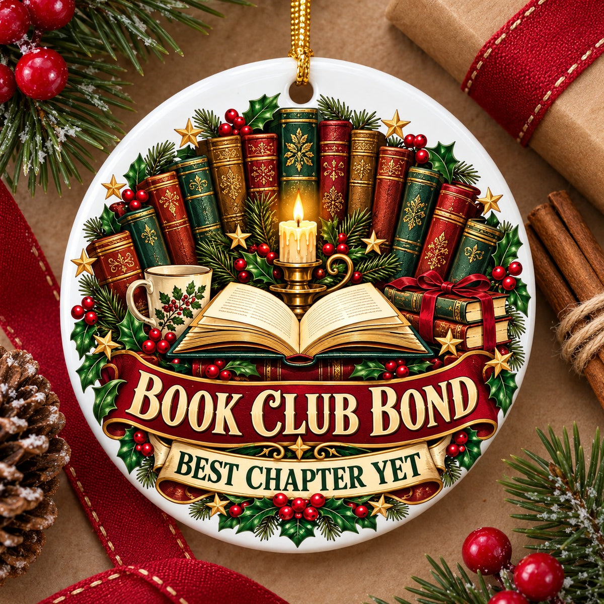 Chapters of Friendship Badge Book Club Ceramic Christmas Ornament