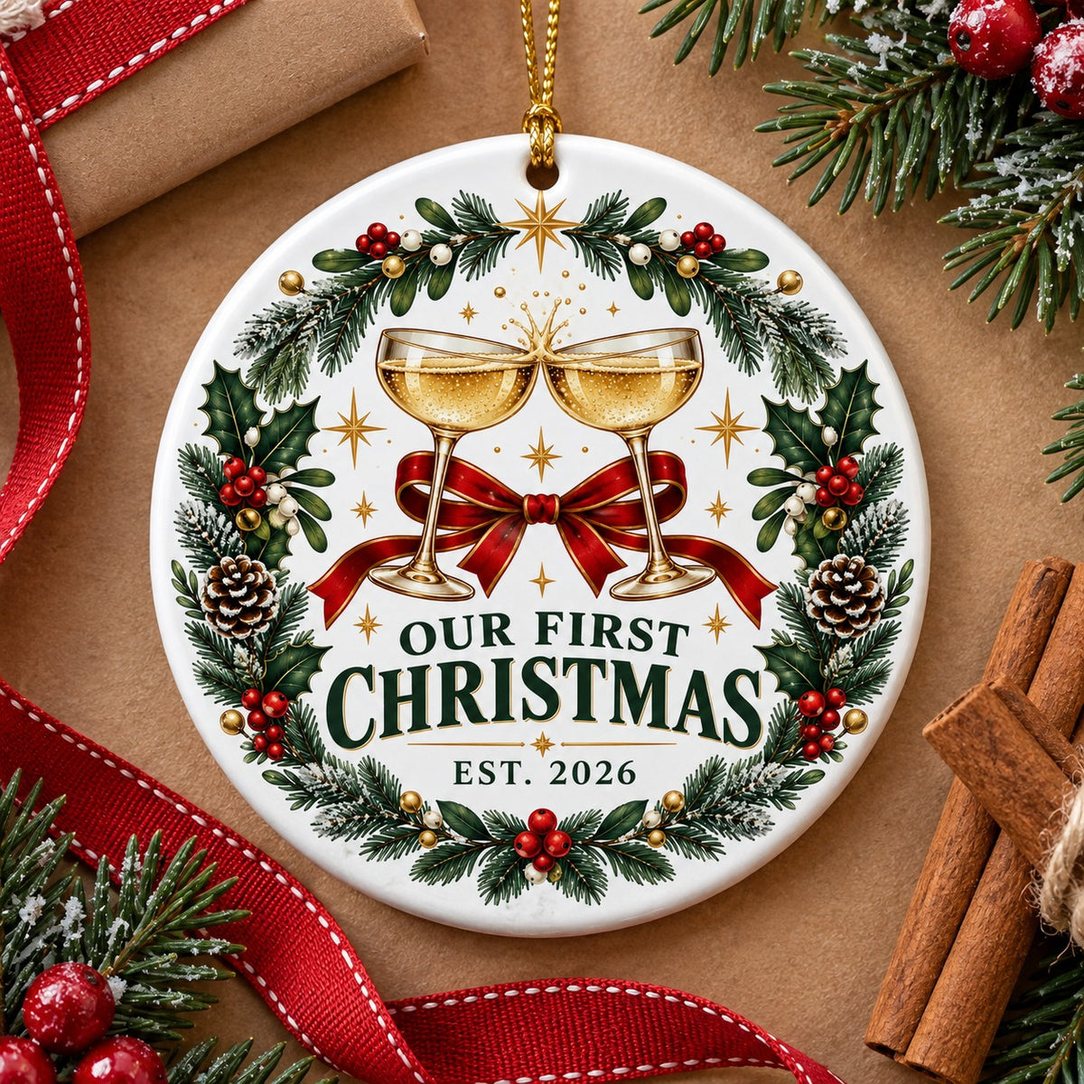 First Christmas Champagne Toast Ceramic Ornament, 2026 Newlywed Gift