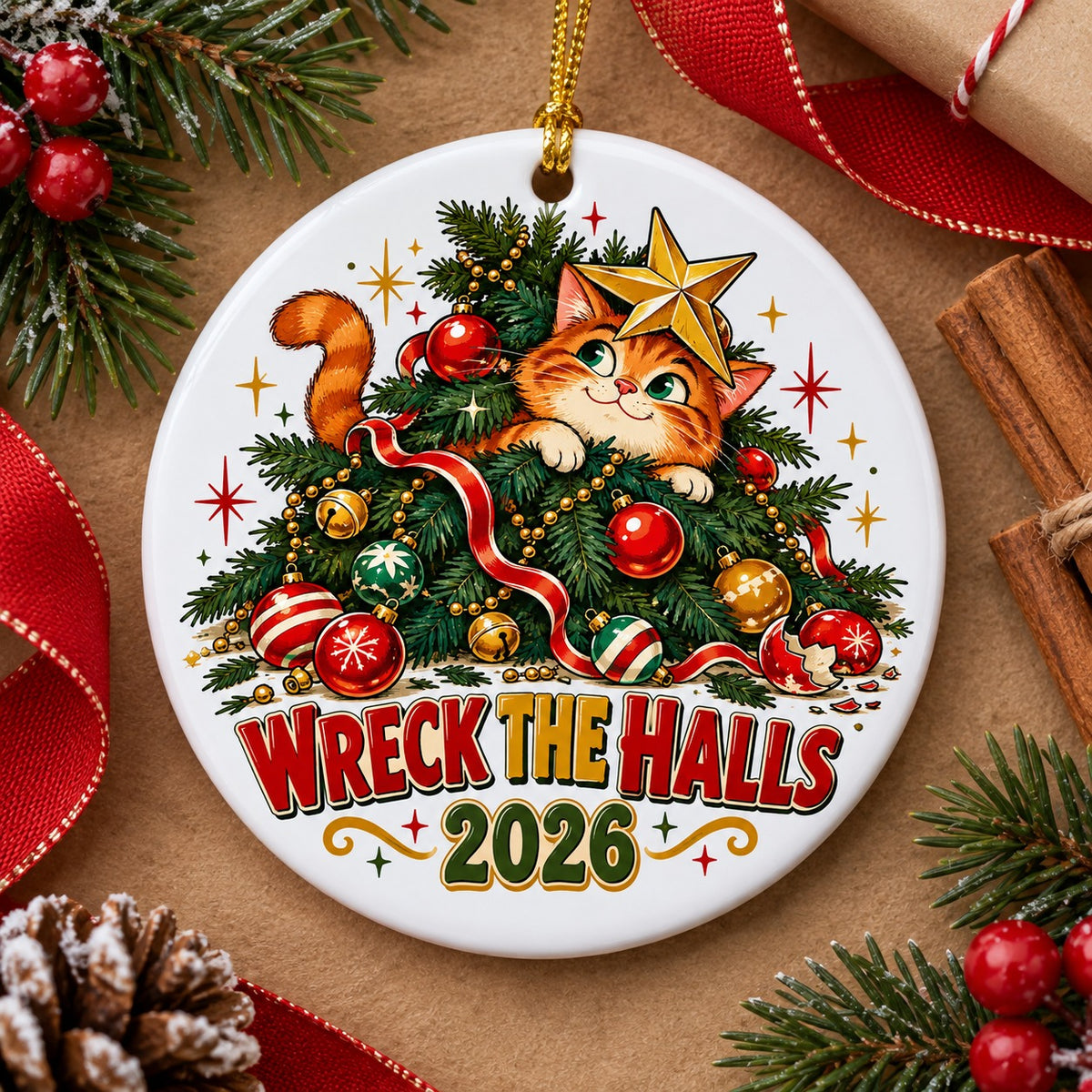 Wreck the Halls Mischief Cat Ceramic Christmas Ornament