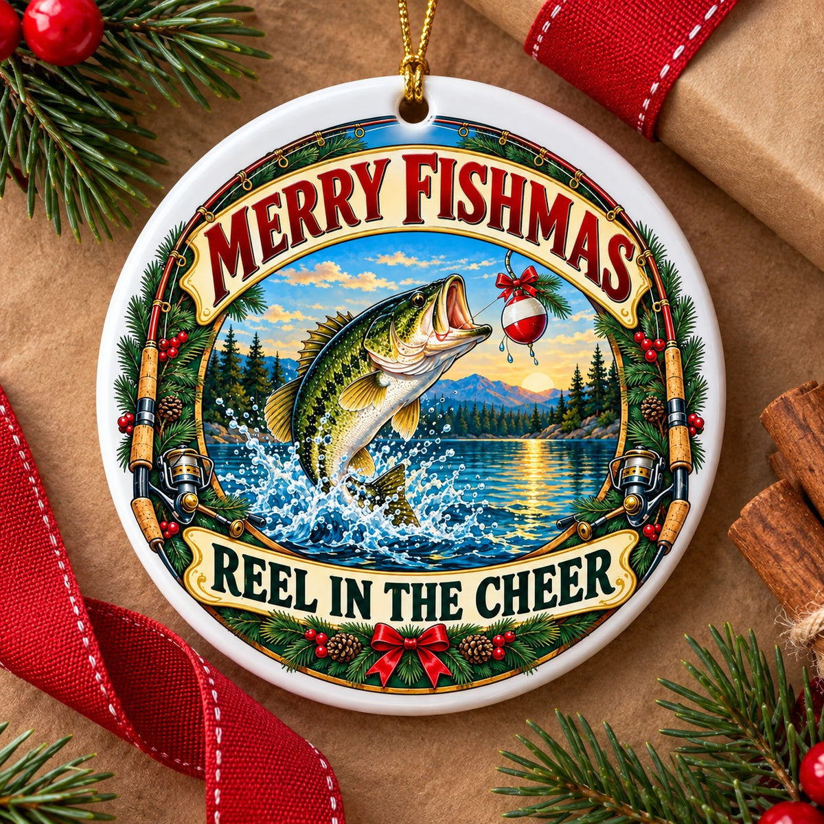 Reel in the Cheer Bass Fishing Ceramic Christmas Ornament