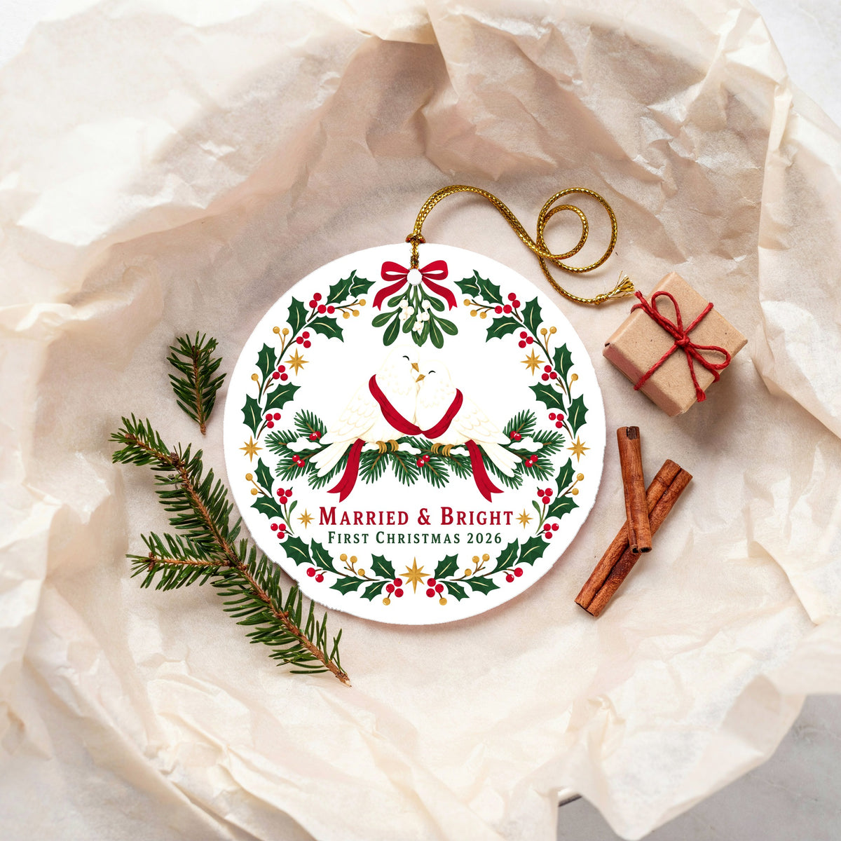 Married and Bright First Christmas Turtledoves Ceramic Ornament