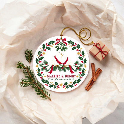 Married and Bright First Christmas Turtledoves Ceramic Ornament