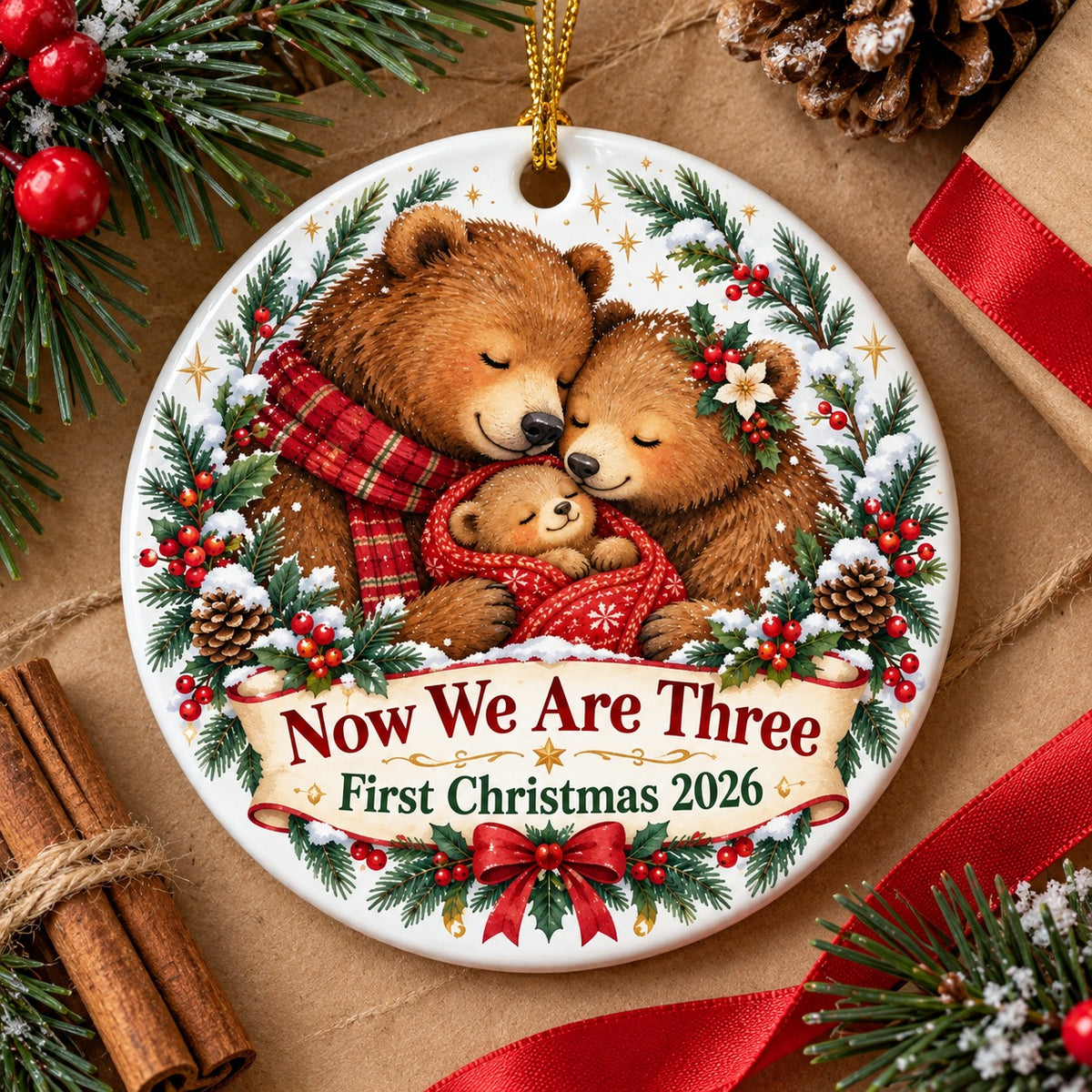 Now We Are Three Bear Family Ceramic Christmas Ornament