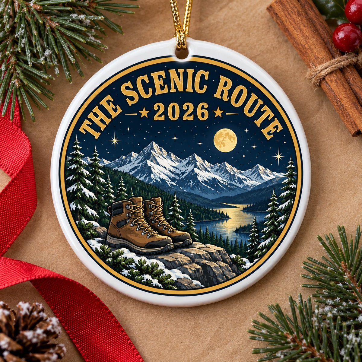Scenic Route Alpine Summit Hiking Boots Ceramic Christmas Ornament