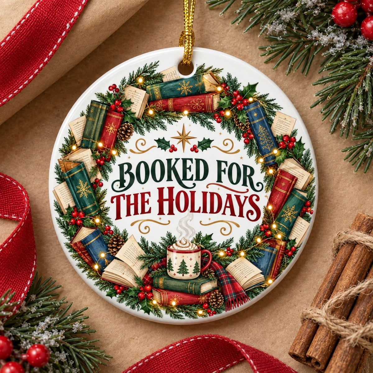 Booked for the Holidays Christmas Ceramic Book Lover Ornament
