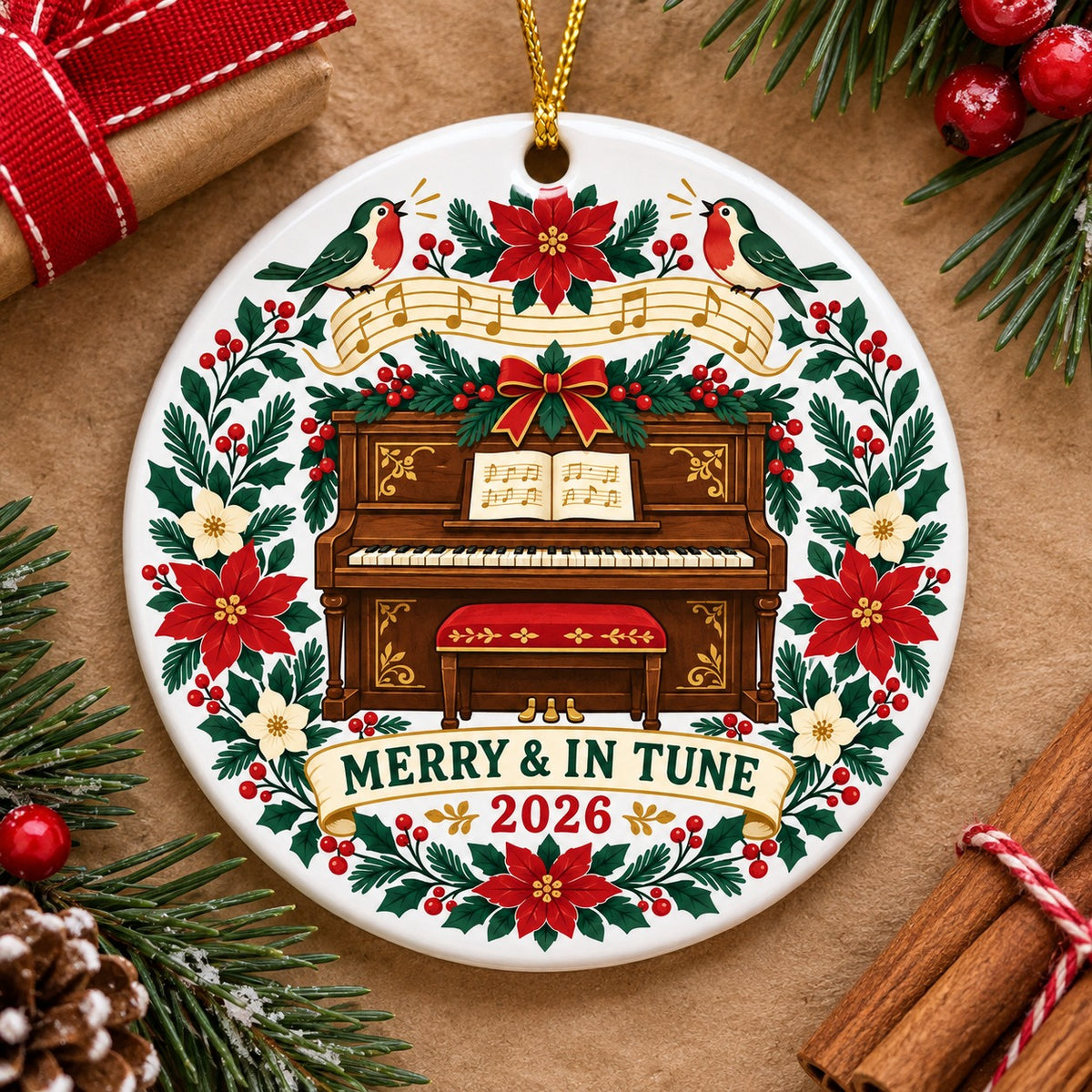 Merry and In Tune Folk Piano Ceramic Holiday Ornament