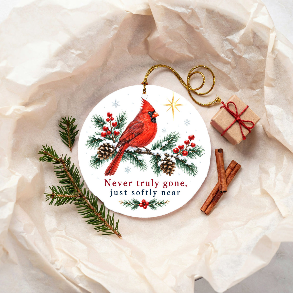 Softly Near Memorial Cardinal Ceramic Christmas Ornament