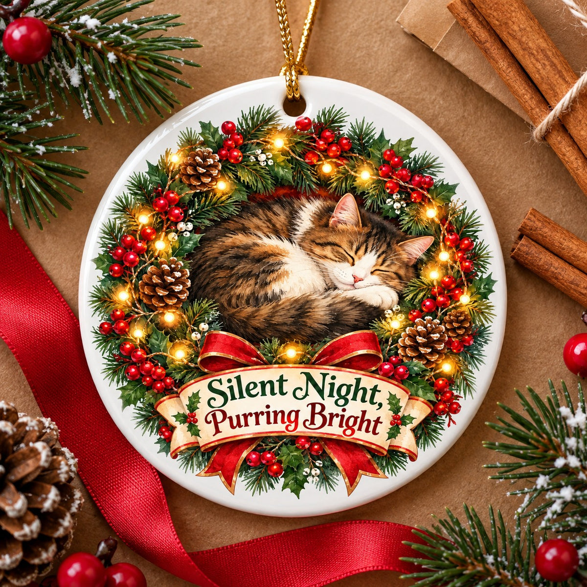 Sleeping Wreath Kitty Ceramic Christmas Ornament for Cat Lovers