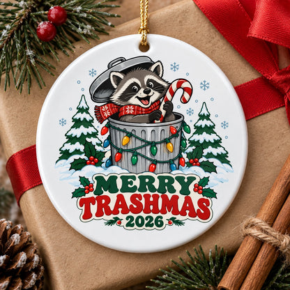 Festive Trash Panda Merry Trashmas 2026 Ceramic Christmas Ornament