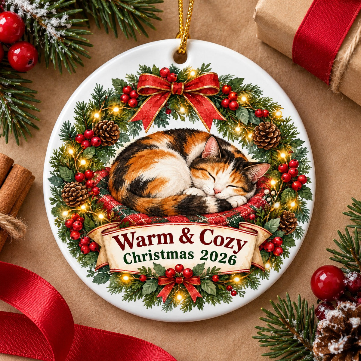 Sleeping Cat Wreath Keepsake Ceramic Christmas Ornament