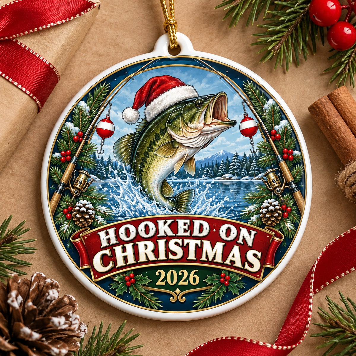 Hooked on Christmas Angler Badge Ceramic Christmas Ornament 2026
