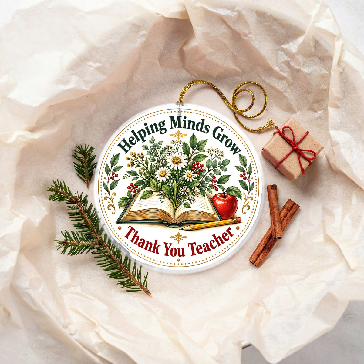 Botanical Book Teacher Christmas Ornament, Holiday Thank You Keepsake