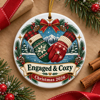 Engaged and Cozy Mittens Keepsake Engagement Christmas Ornament