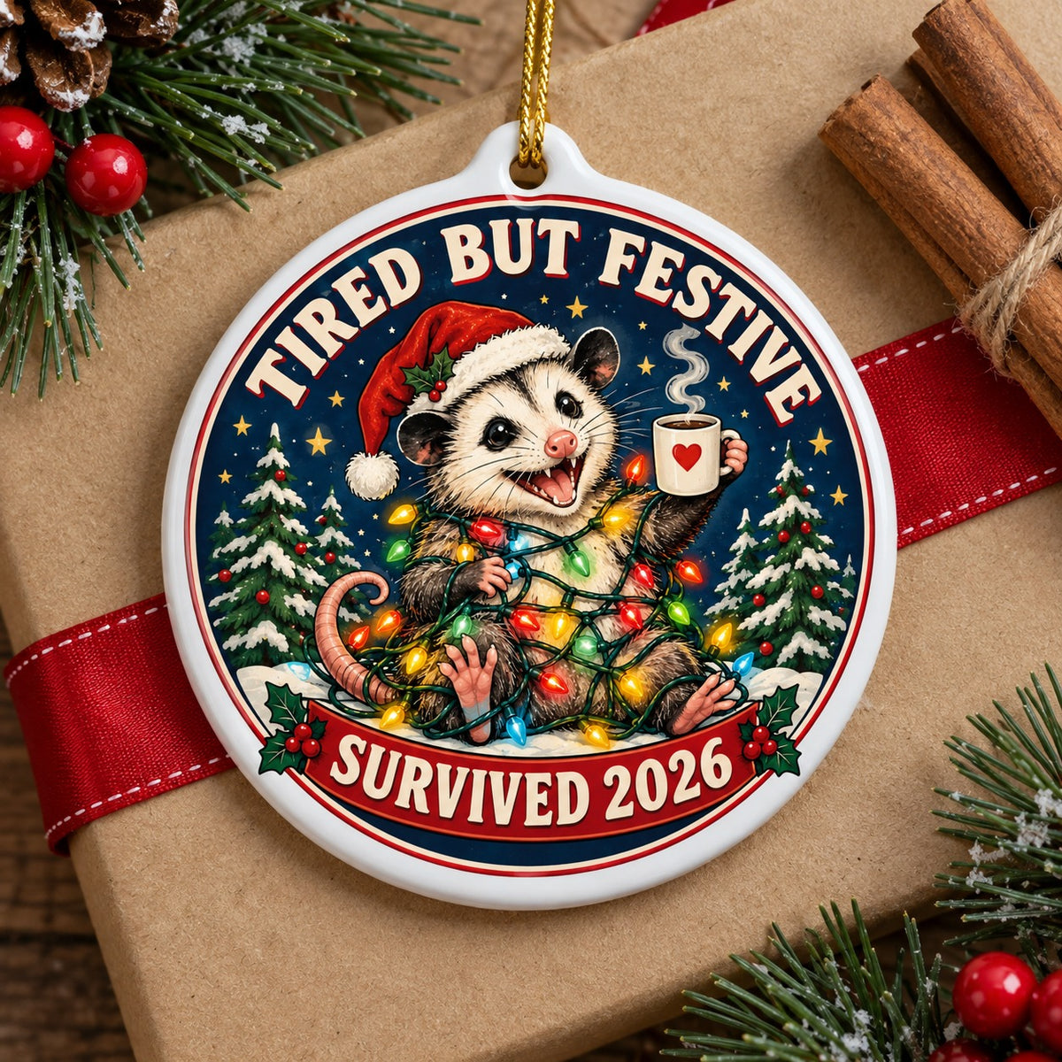 Tangled Opossum Christmas Ornament, Tired But Festive 2026 Holiday Gift