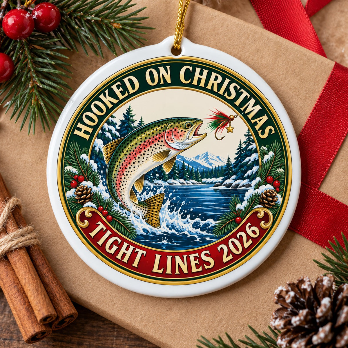 Tight Lines Holiday Fly Fishing Ceramic Christmas Ornament