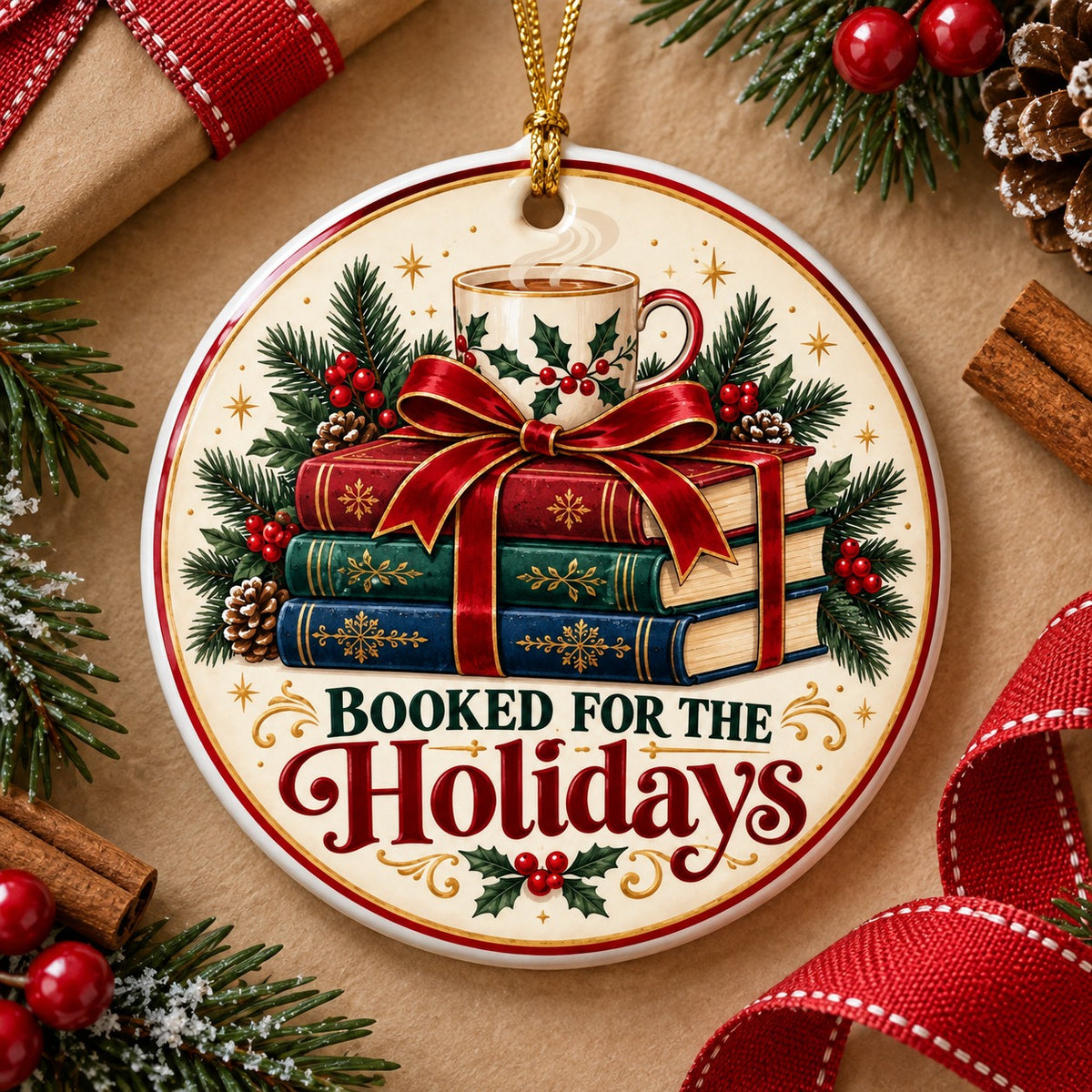 Booked for the Holidays Ceramic Christmas Ornament, Reader Tree Decor