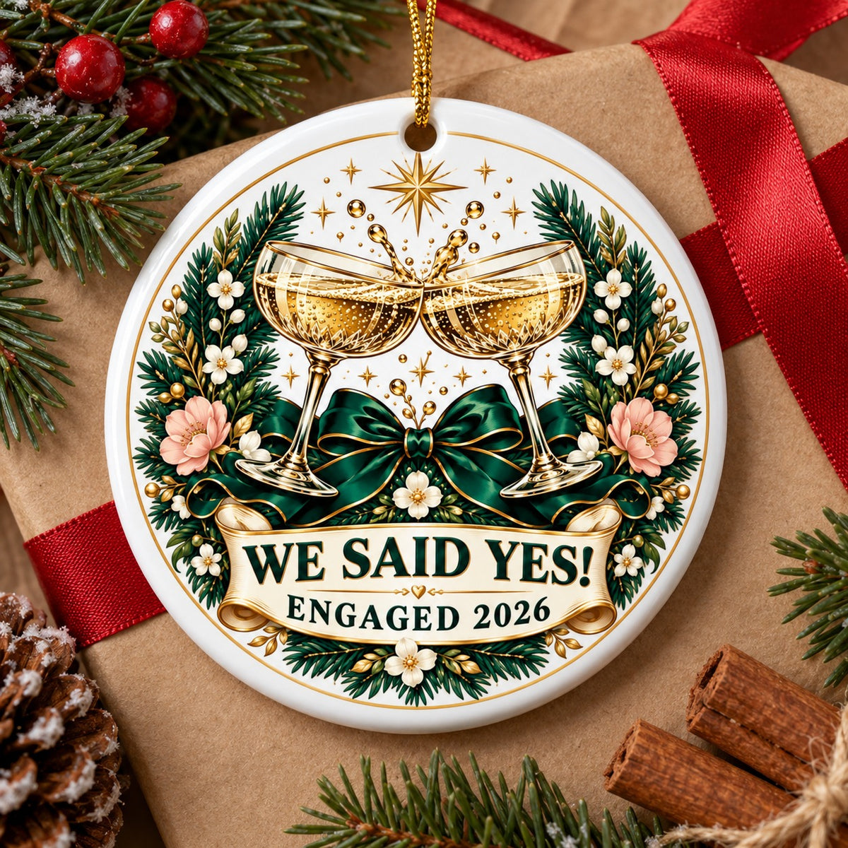 Midnight Toast Engagement Badge Ceramic Christmas Ornament