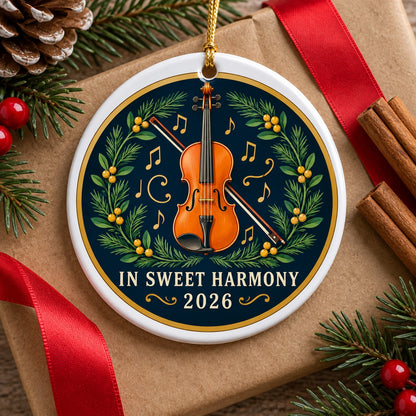 Harmonious Yuletide Fiddle Ceramic Christmas Ornament, Violin Music Gift