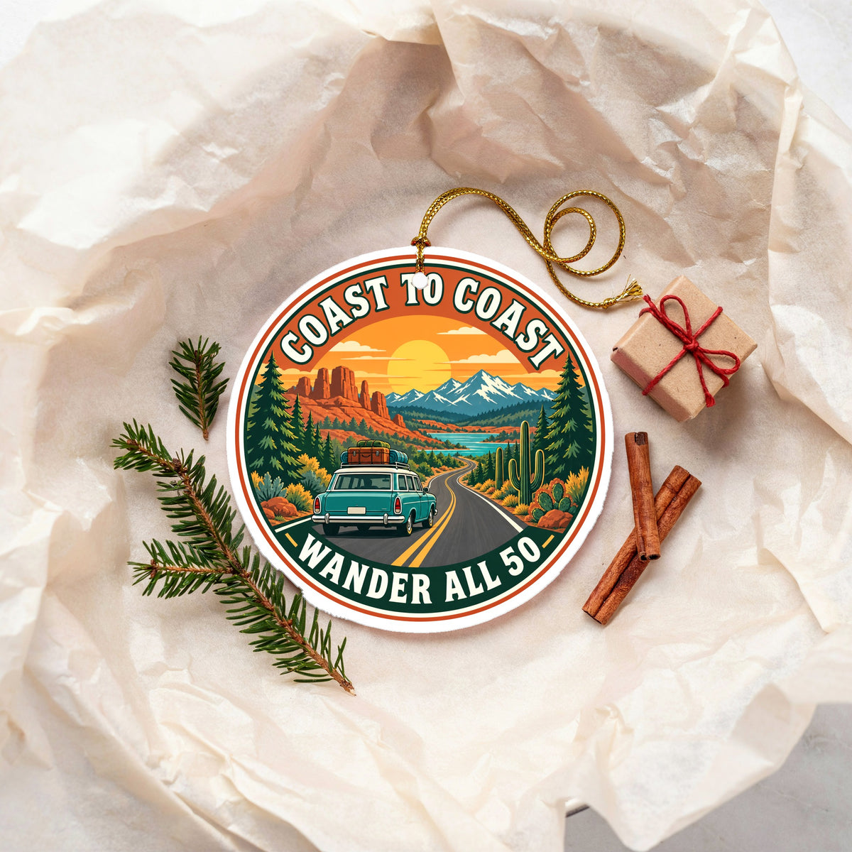Coast to Coast National Highway Road Trip Travel Ceramic Christmas Ornament