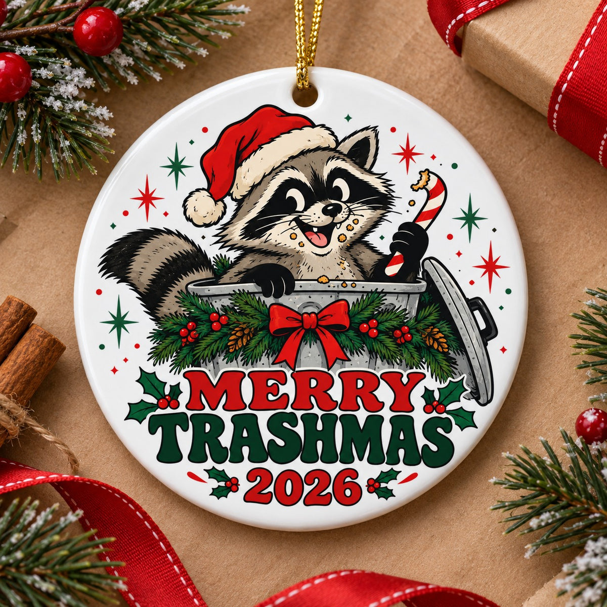 Merry Trashmas Raccoon Ceramic Christmas Tree Ornament