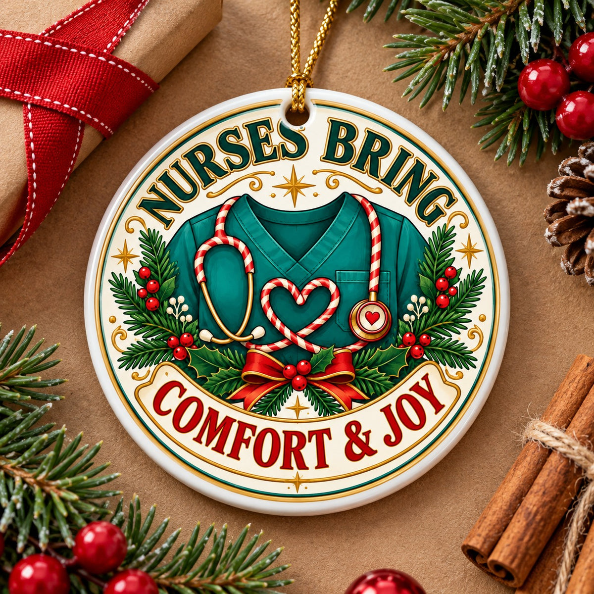 Comfort and Joy Scrub Heart Ceramic Christmas Ornament, Nurse Gift