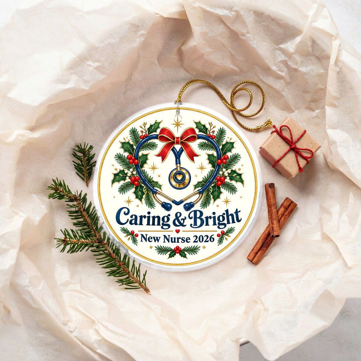 Caring and Bright New Nurse 2026 Ceramic Christmas Ornament