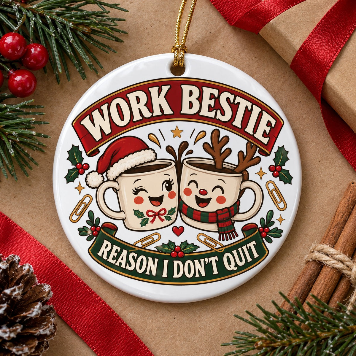 Office Bestie Christmas Ceramic Ornament for Coworker Gift