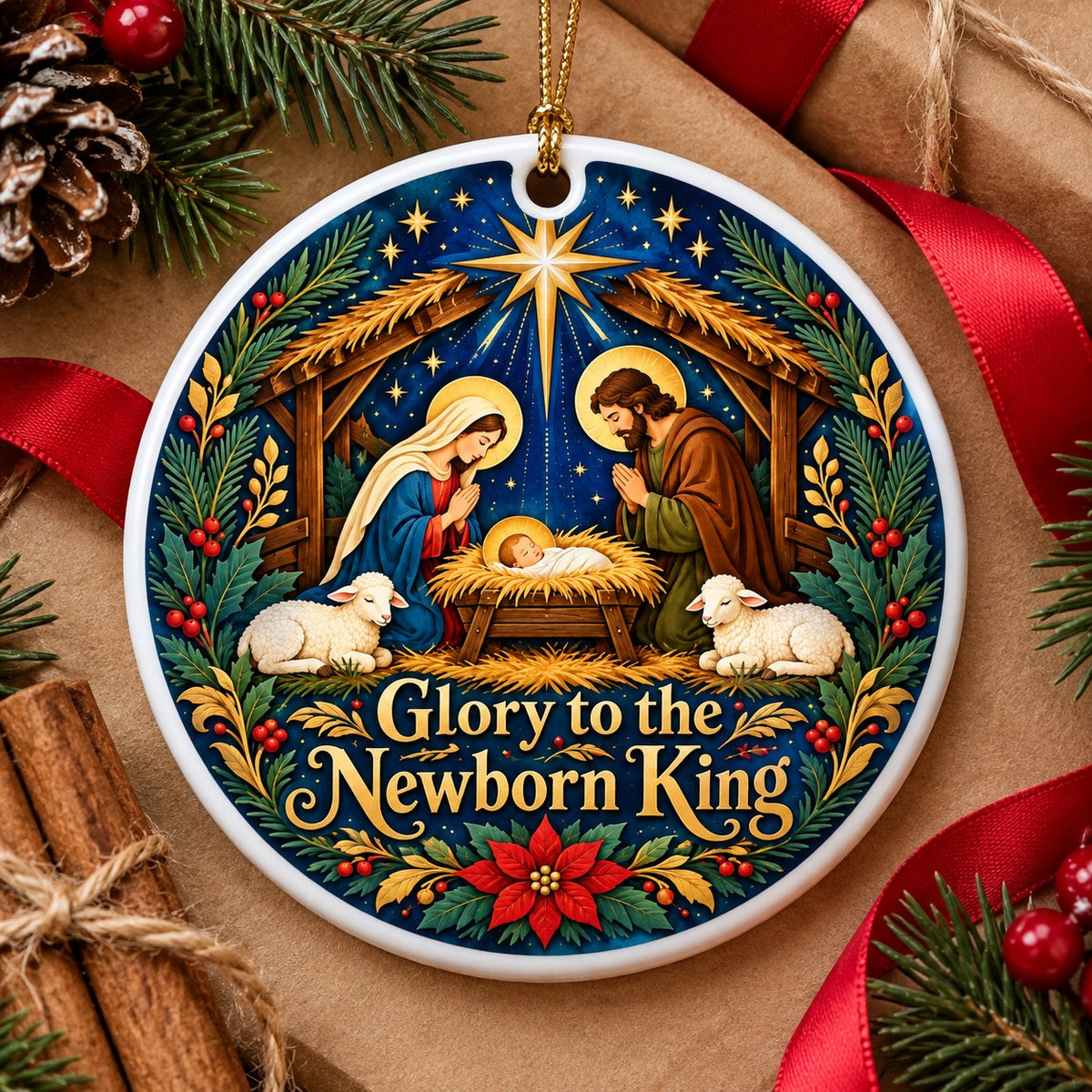 Folk Art Holy Night Nativity Scene Ceramic Christmas Ornament