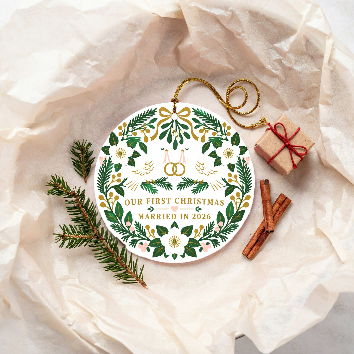 Folk Art Wedding Doves Ceramic Christmas Ornament for Newlyweds