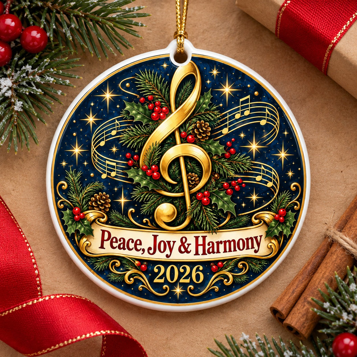 Treble Clef Harmony Wreath Ceramic Christmas Ornament
