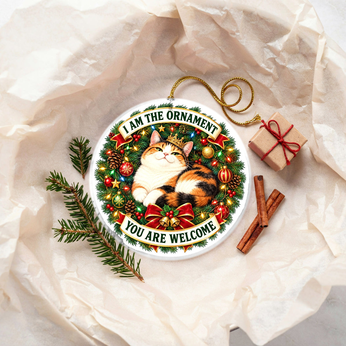 Calico Cat Christmas Wreath Ceramic Holiday Ornament