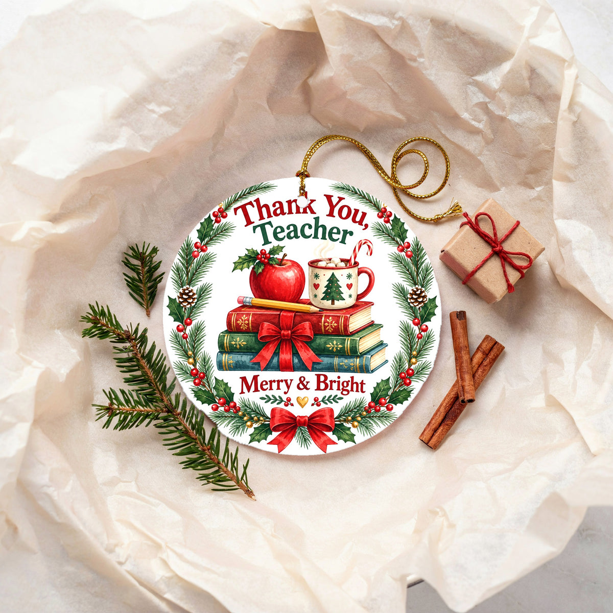 Teacher Cozy Holiday Desk Stack Ceramic Christmas Ornament