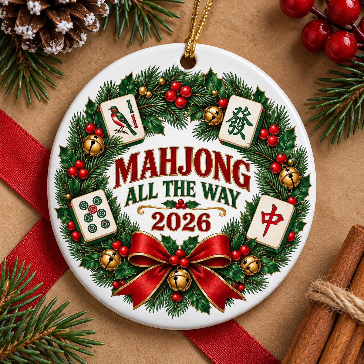 Mahjong Holiday Wreath Ceramic Ornament, Game Night Christmas Decor